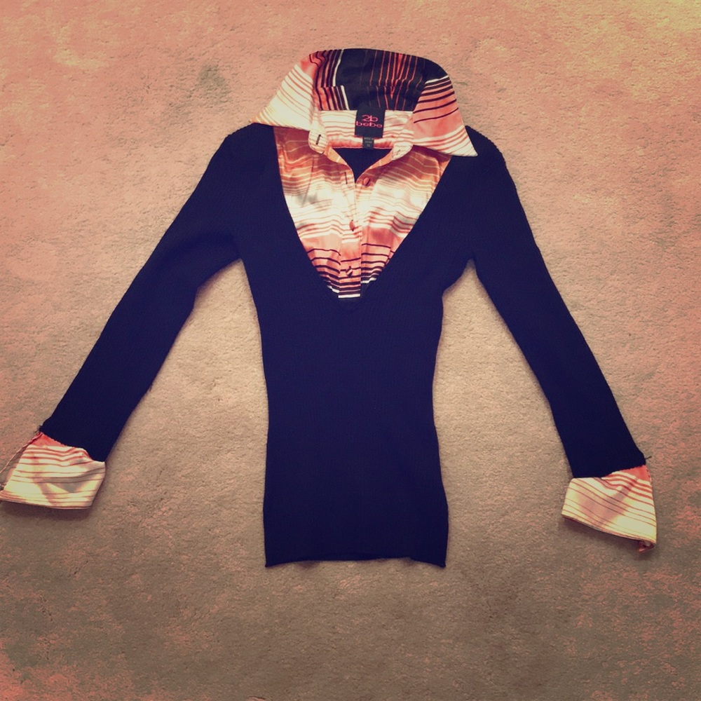 Dress shirt: Black w pink/white stripes, Bebe XS